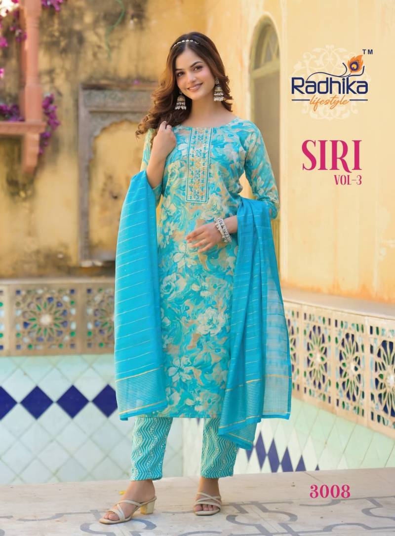 Radhika Siri Vol 3 Rayon Foil Printed Kurti Pant With Dupatta Collection