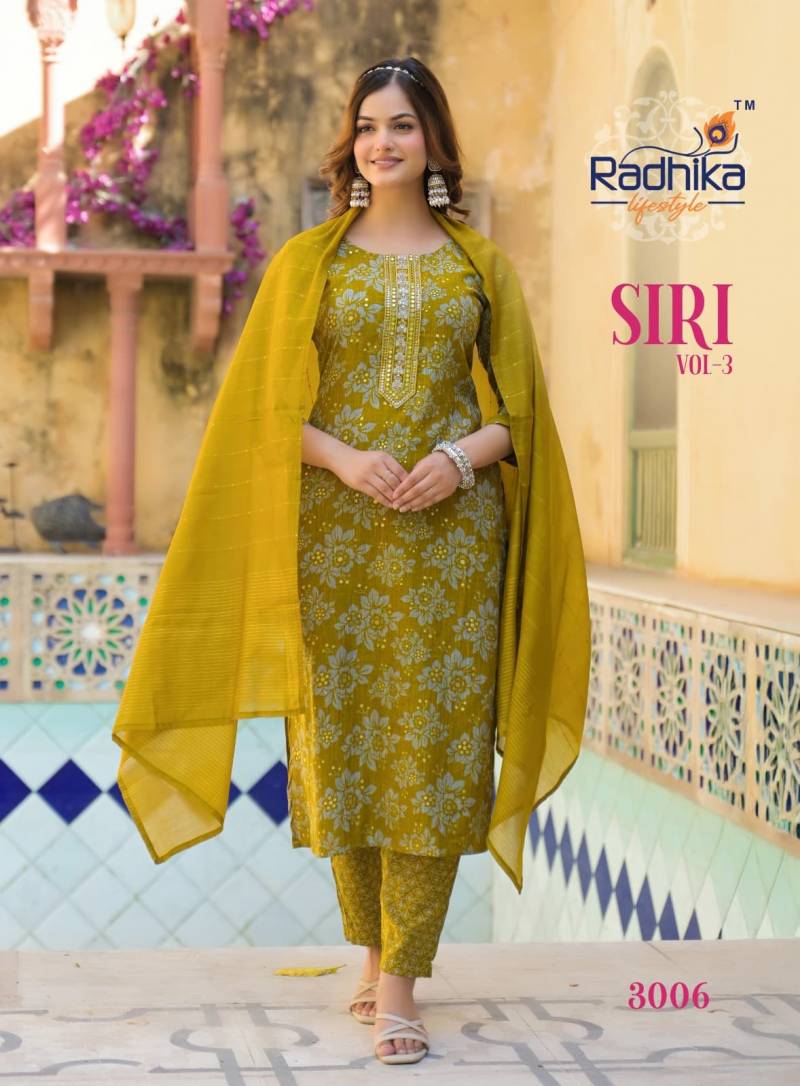 Radhika Siri Vol 3 Rayon Foil Printed Kurti Pant With Dupatta Collection