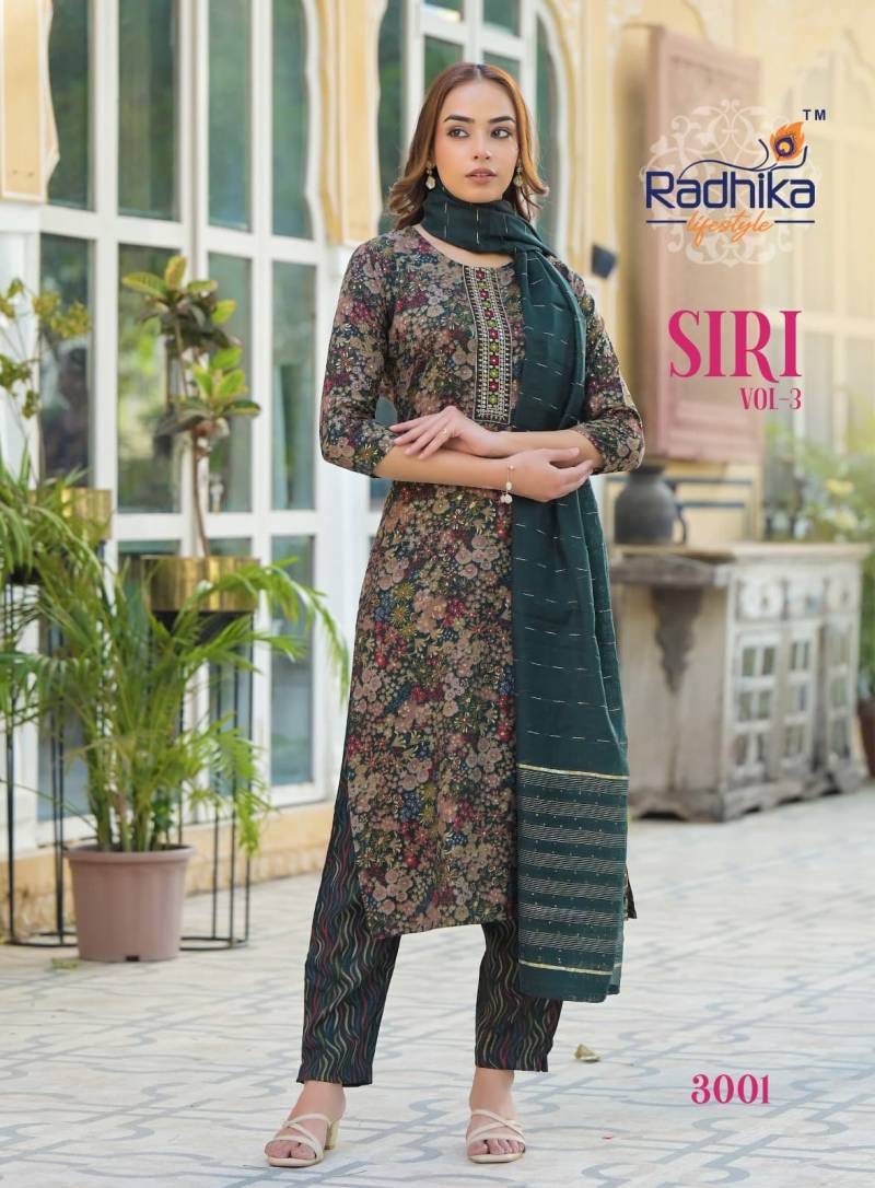 Radhika Siri Vol 3 Rayon Foil Printed Kurti Pant With Dupatta Collection