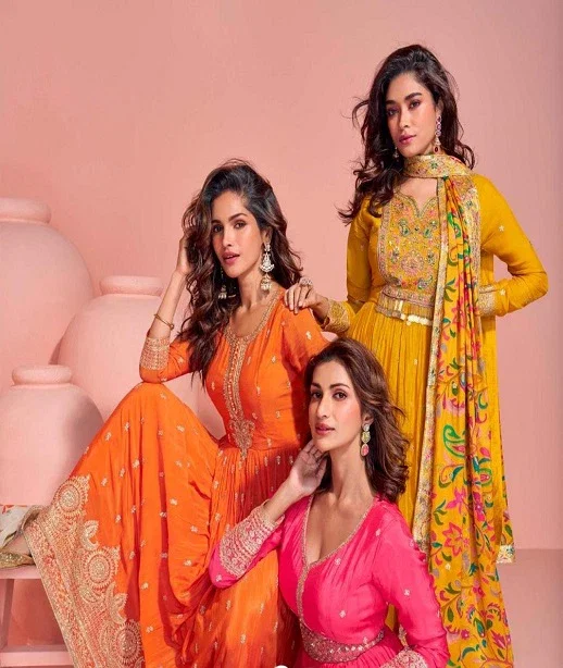 Mayuri 5792 To 5794 Chinon Silk Embroidered Gown With Dupatta