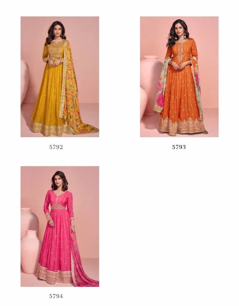Mayuri 5792 To 5794 Chinon Silk Embroidered Gown With Dupatta