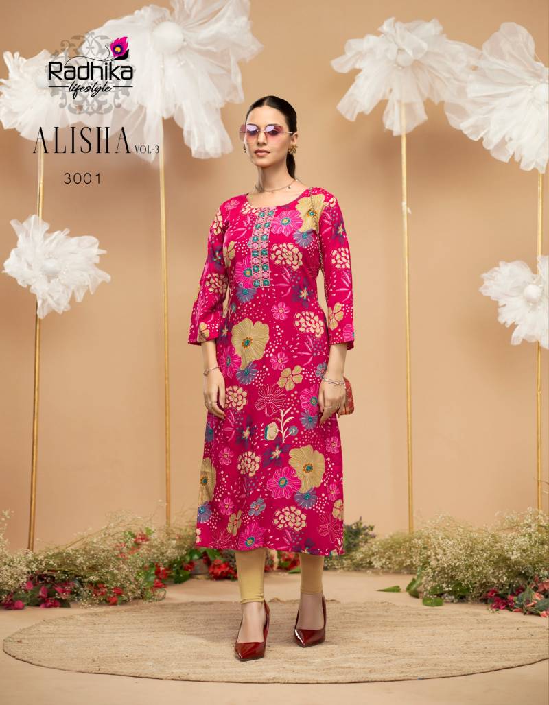 Radhika Alisha Vol 3 Rayon Printed Casual Wear Kurti Collection