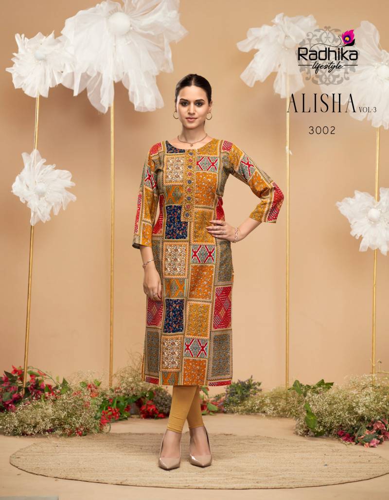 Radhika Alisha Vol 3 Rayon Printed Casual Wear Kurti Collection