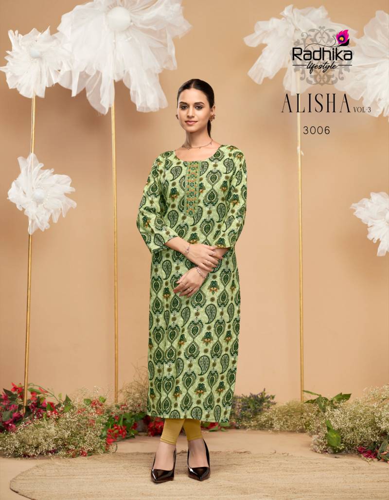 Radhika Alisha Vol 3 Rayon Printed Casual Wear Kurti Collection