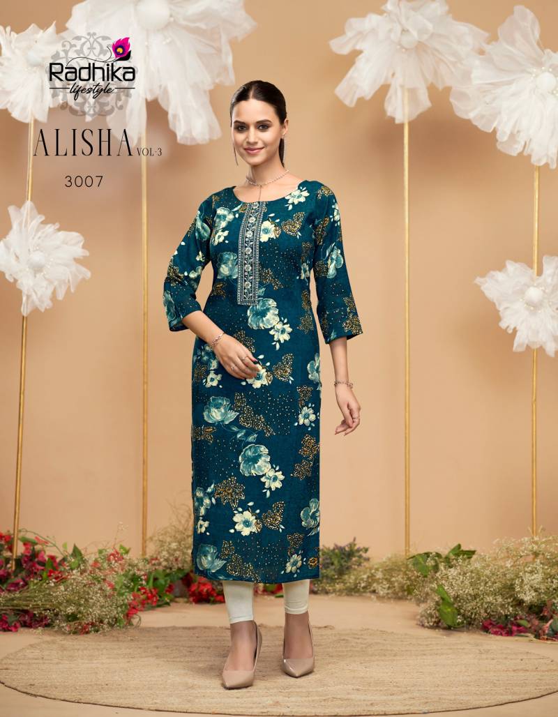 Radhika Alisha Vol 3 Rayon Printed Casual Wear Kurti Collection