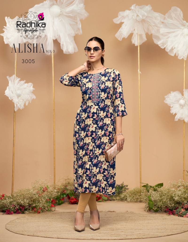 Radhika Alisha Vol 3 Rayon Printed Casual Wear Kurti Collection