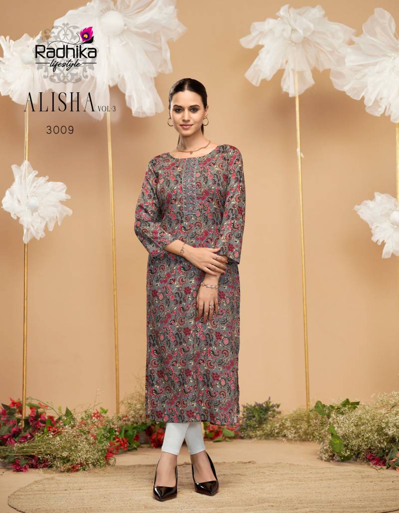 Radhika Alisha Vol 3 Rayon Printed Casual Wear Kurti Collection