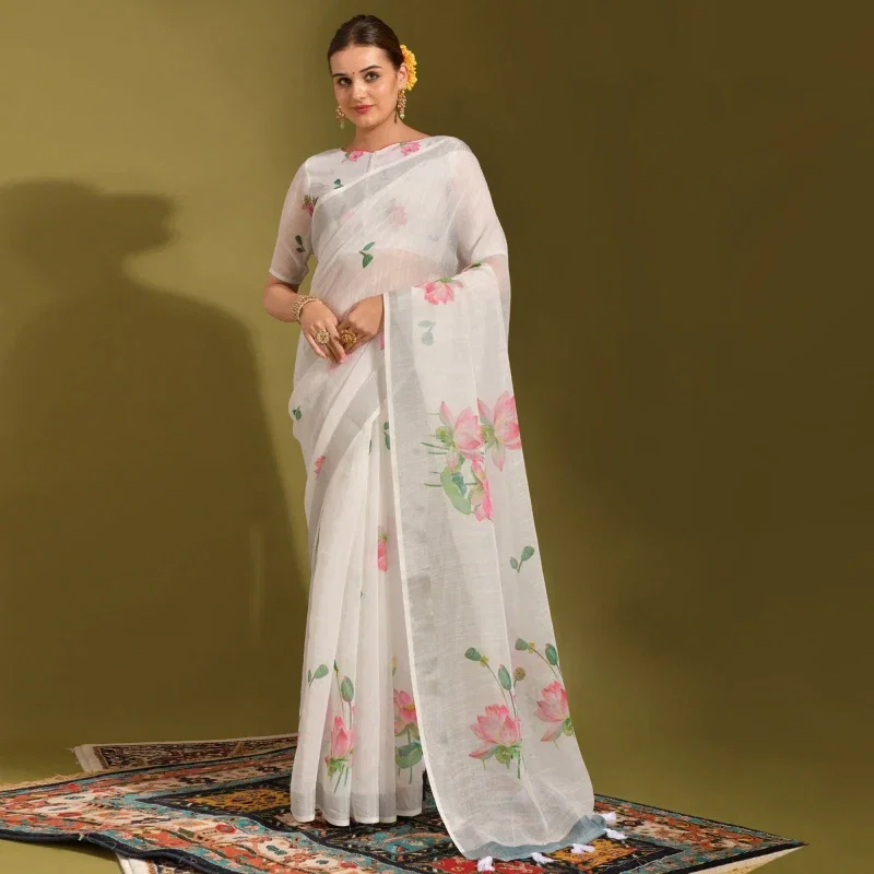 Linen Lotus Saree 1 Lilen Zari Patta Digital Floral Printed Saree