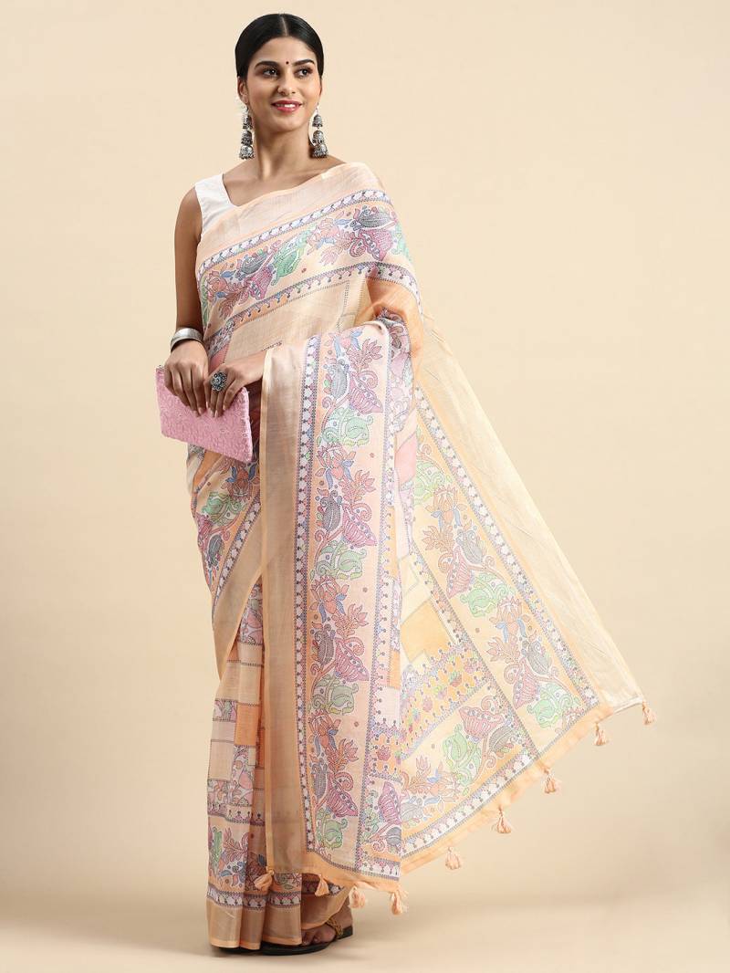 Linen Kantha Saree 1 Lilen Zari Patta Digital Kantha Stitch Printed Saree
