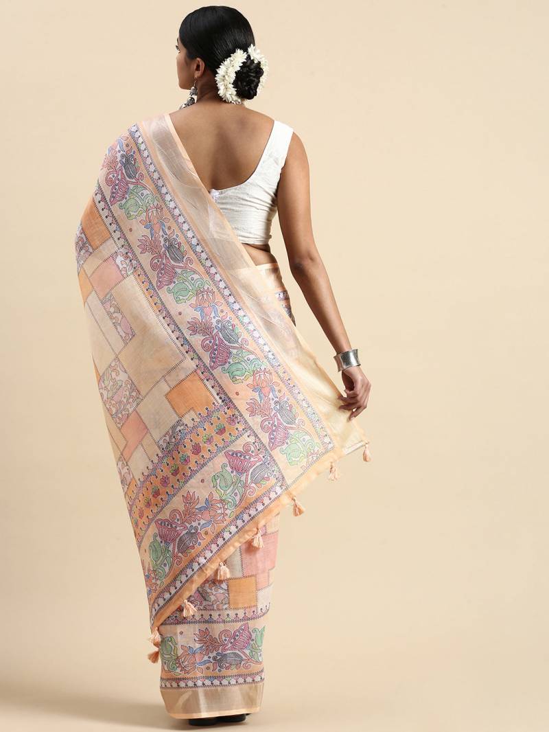 Linen Kantha Saree 1 Lilen Zari Patta Digital Kantha Stitch Printed Saree