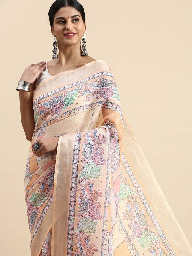 Linen Kantha Saree 1 Lilen Zari Patta Digital Kantha Stitch Printed Saree