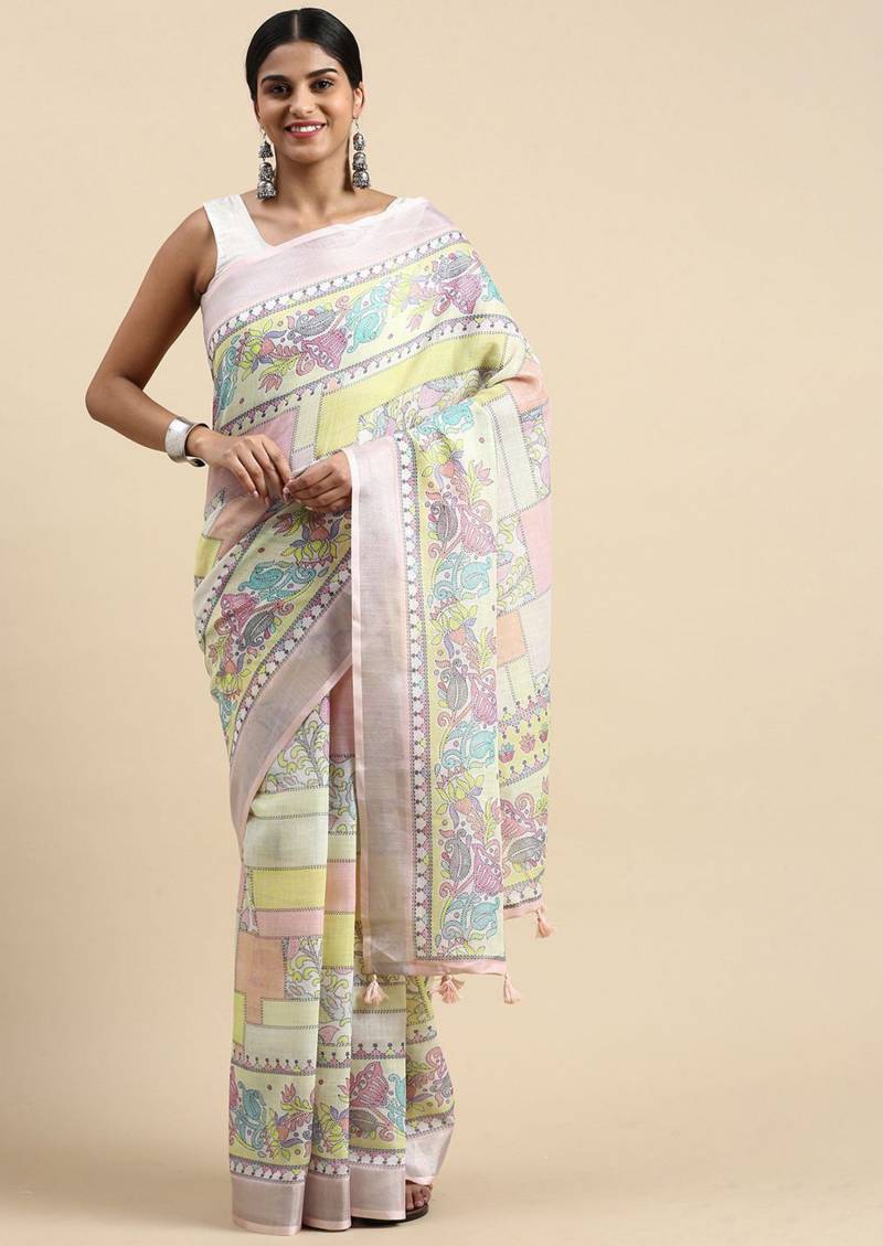 Linen Kantha Saree 1 Lilen Zari Patta Digital Kantha Stitch Printed Saree