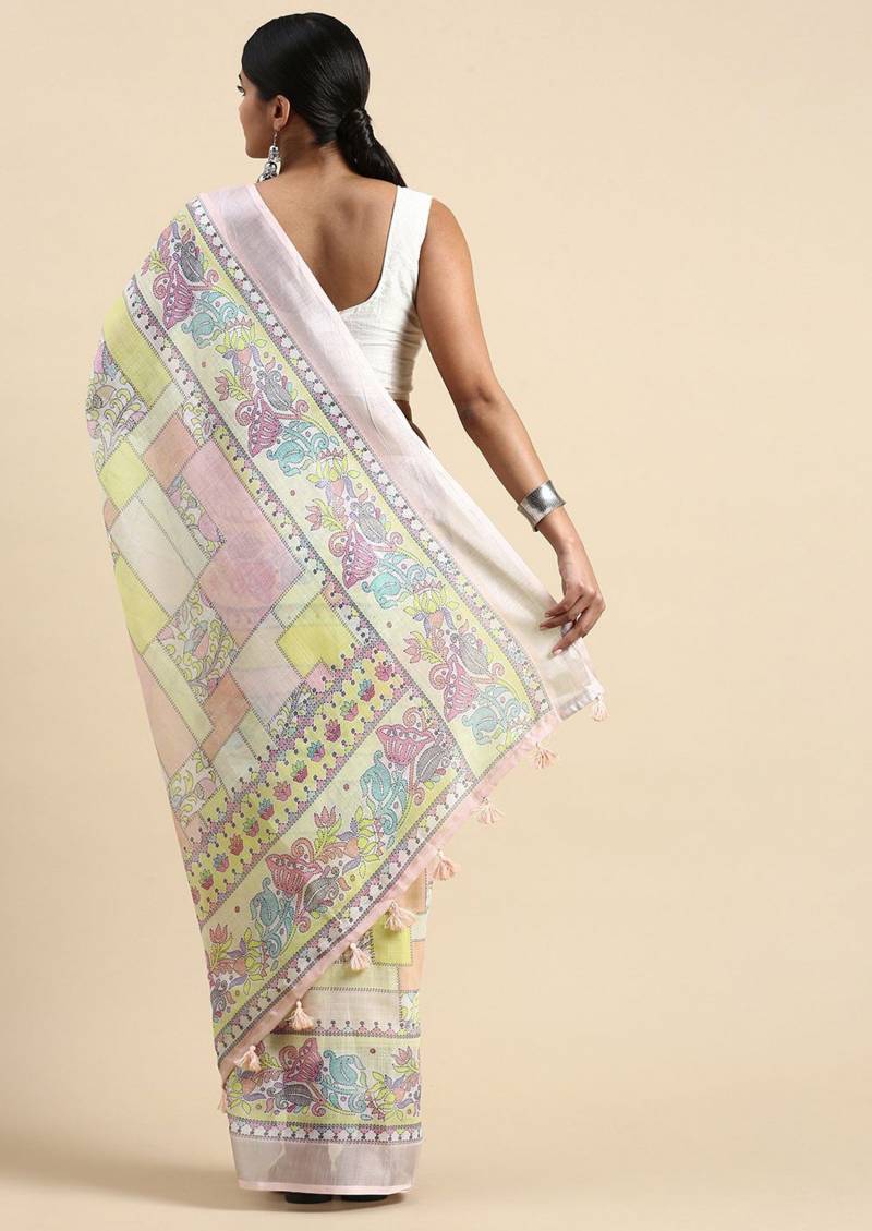 Linen Kantha Saree 1 Lilen Zari Patta Digital Kantha Stitch Printed Saree