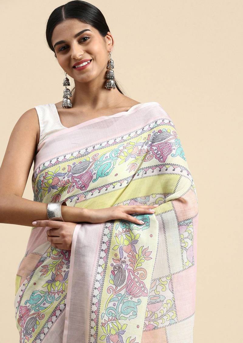 Linen Kantha Saree 1 Lilen Zari Patta Digital Kantha Stitch Printed Saree