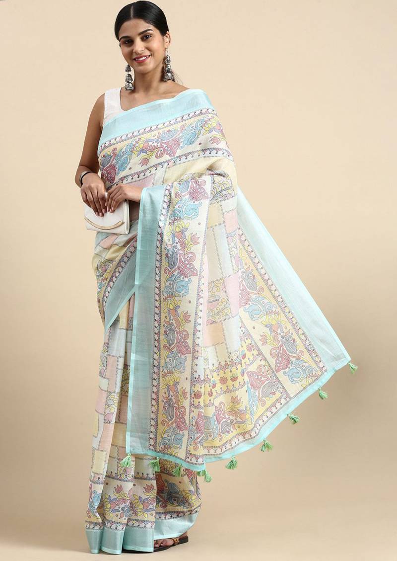 Linen Kantha Saree 1 Lilen Zari Patta Digital Kantha Stitch Printed Saree