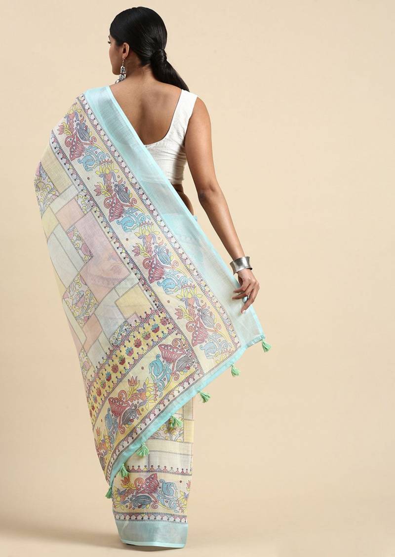 Linen Kantha Saree 1 Lilen Zari Patta Digital Kantha Stitch Printed Saree