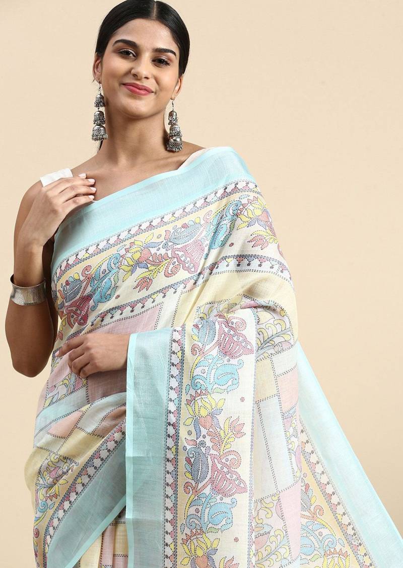 Linen Kantha Saree 1 Lilen Zari Patta Digital Kantha Stitch Printed Saree