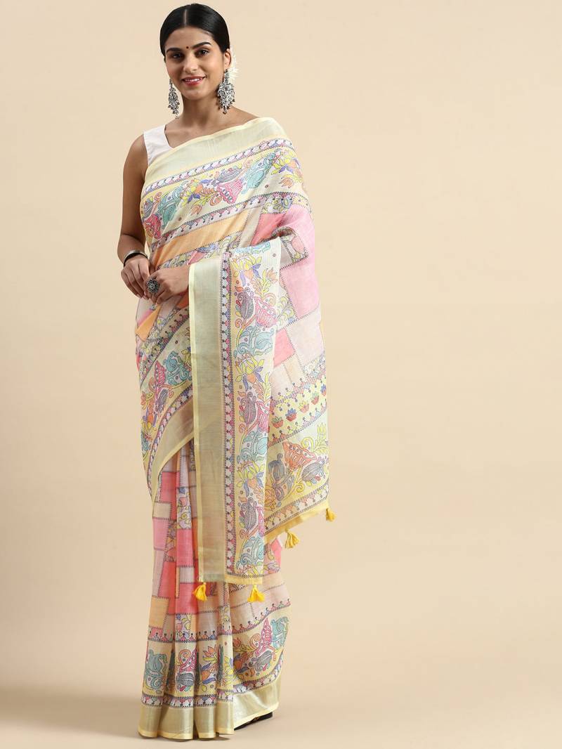 Linen Kantha Saree 1 Lilen Zari Patta Digital Kantha Stitch Printed Saree