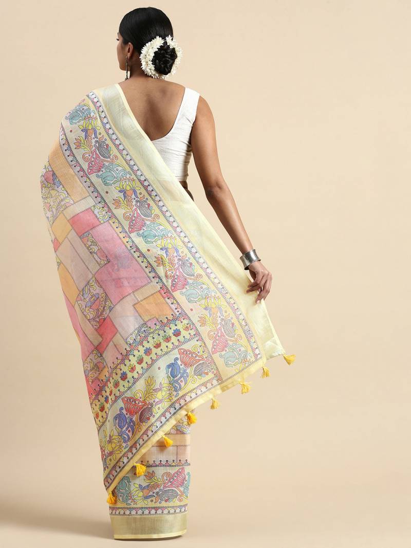 Linen Kantha Saree 1 Lilen Zari Patta Digital Kantha Stitch Printed Saree