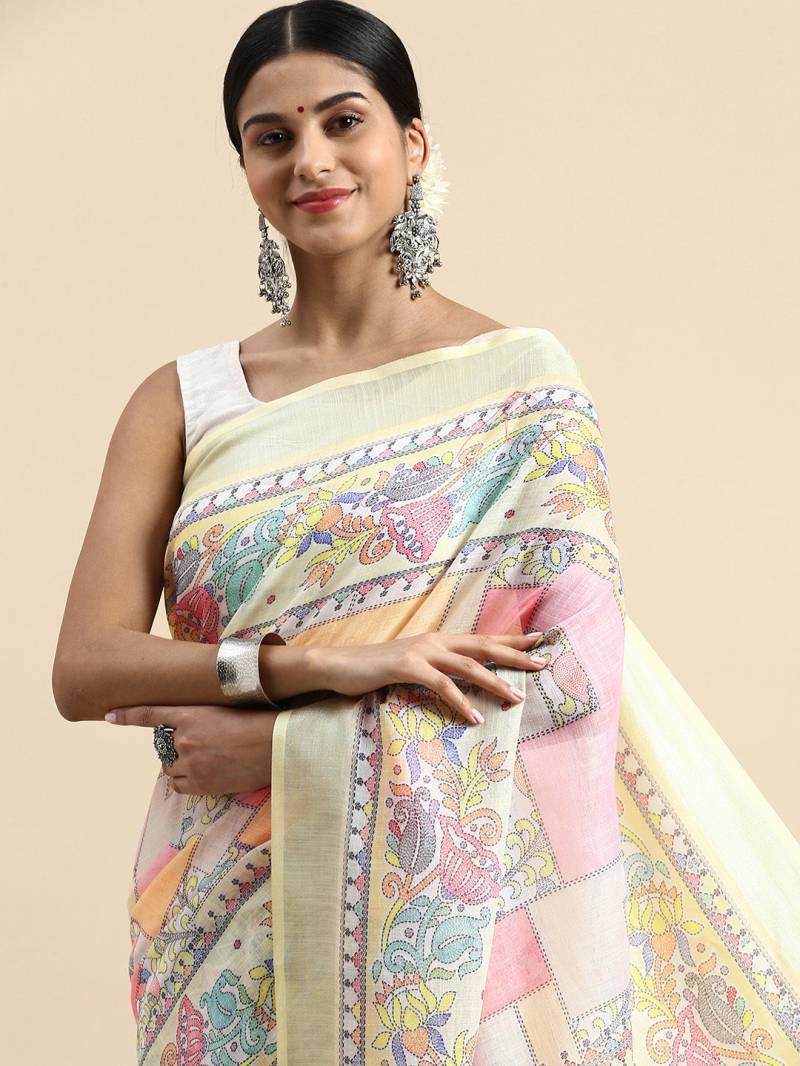 Linen Kantha Saree 1 Lilen Zari Patta Digital Kantha Stitch Printed Saree