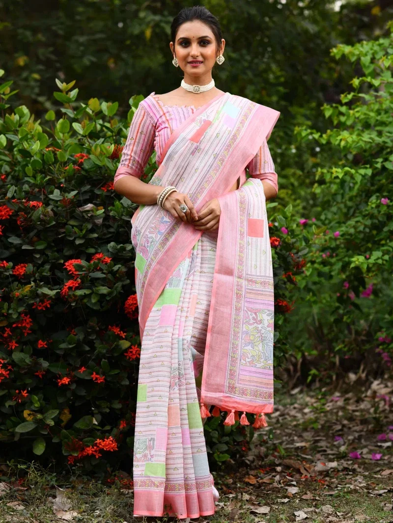 Linen Kantha Saree 1 Lilen Zari Patta Digital Kantha Stitch Printed Saree