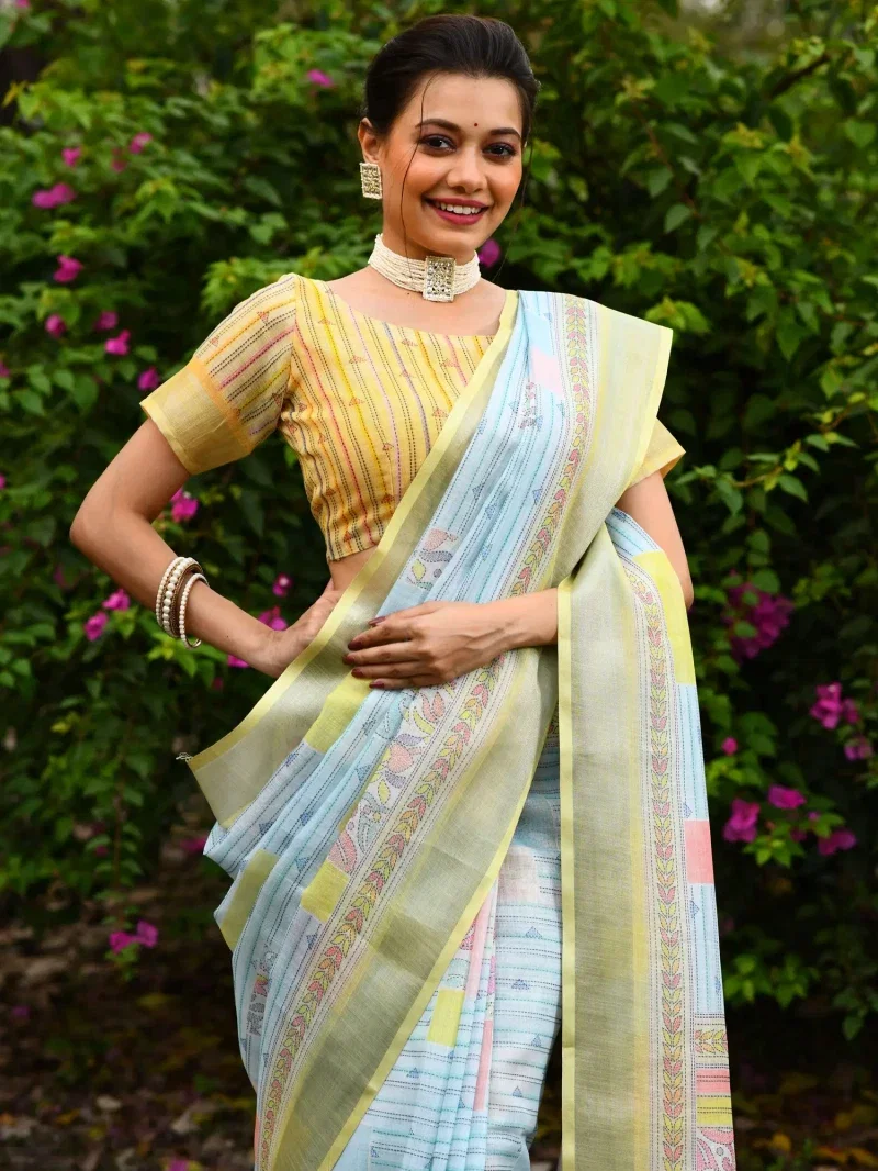 Linen Kantha Saree 1 Lilen Zari Patta Digital Kantha Stitch Printed Saree