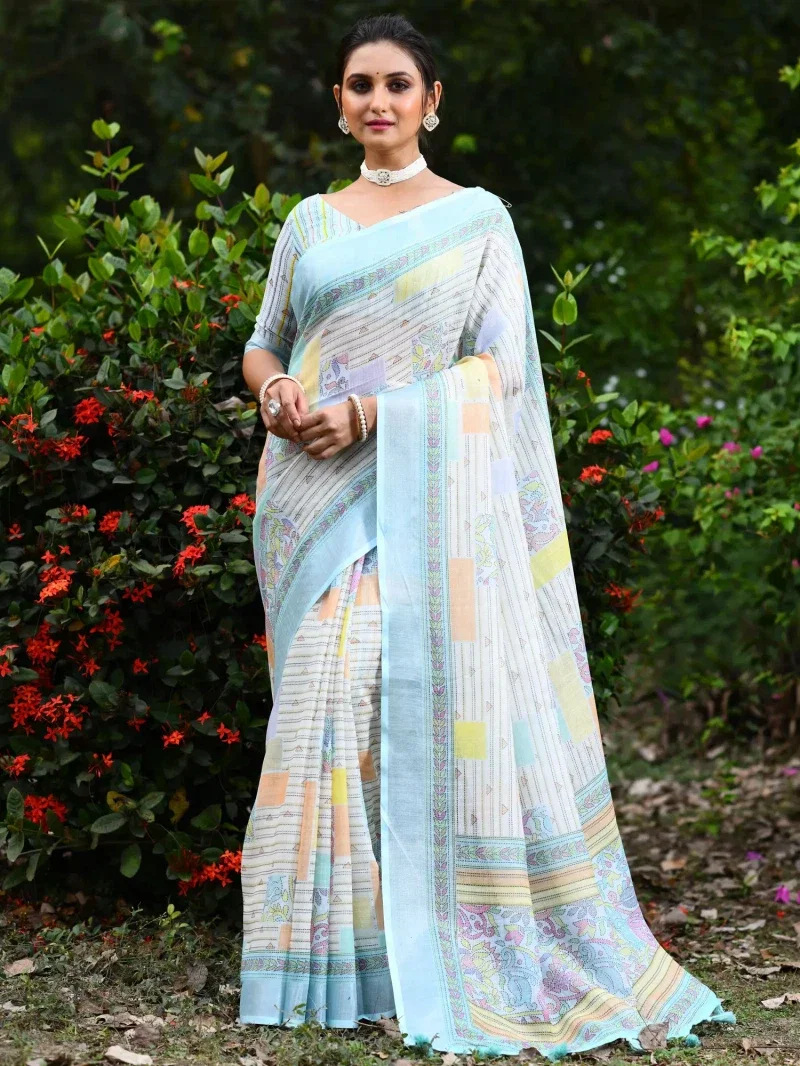 Linen Kantha Saree 1 Lilen Zari Patta Digital Kantha Stitch Printed Saree