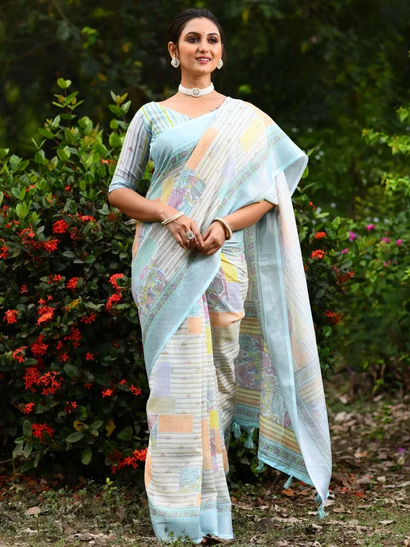 Linen Kantha Saree 1 Lilen Zari Patta Digital Kantha Stitch Printed Saree