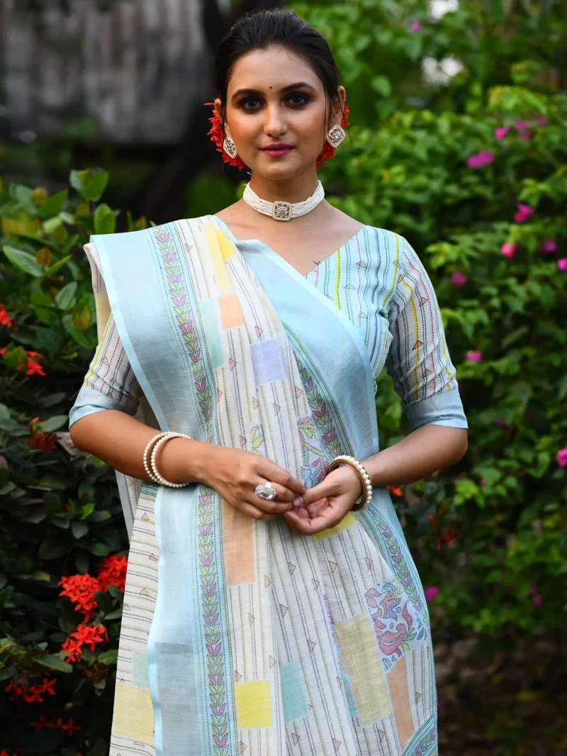 Linen Kantha Saree 1 Lilen Zari Patta Digital Kantha Stitch Printed Saree