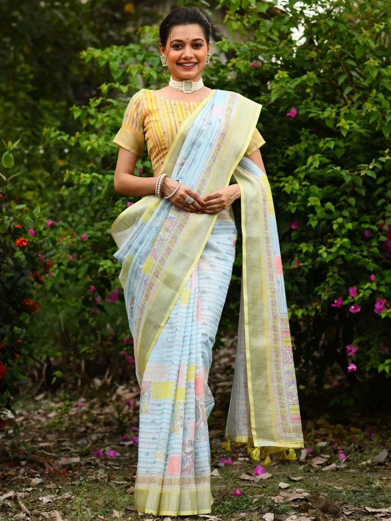 Linen Kantha Saree 1 Lilen Zari Patta Digital Kantha Stitch Printed Saree
