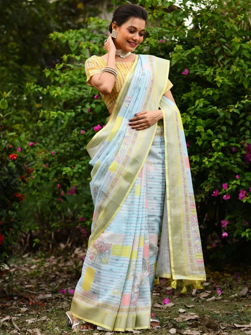 Linen Kantha Saree 1 Lilen Zari Patta Digital Kantha Stitch Printed Saree