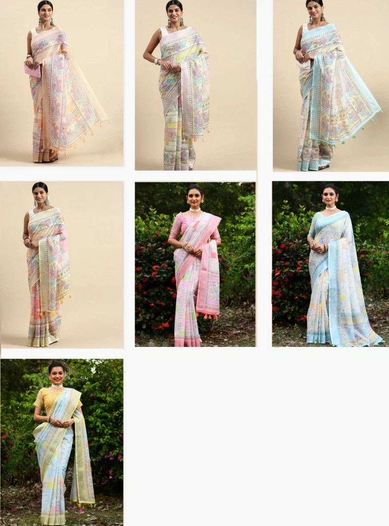 Linen Kantha Saree 1 Lilen Zari Patta Digital Kantha Stitch Printed Saree