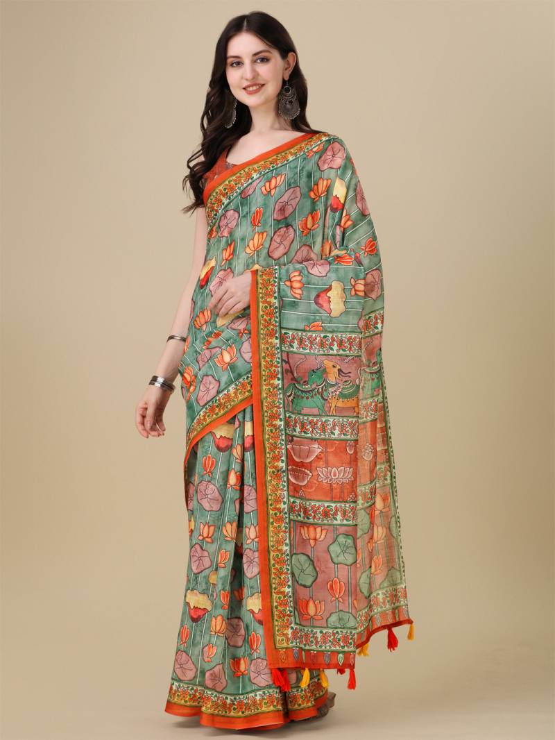 Kz Kalamkari Saree 1 Lilen Zari Patta Digital Kalamkari Printed Saree