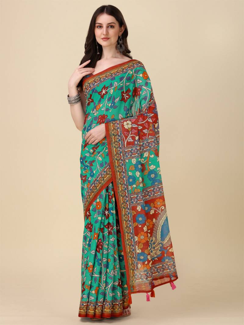 Kz Kalamkari Saree 1 Lilen Zari Patta Digital Kalamkari Printed Saree