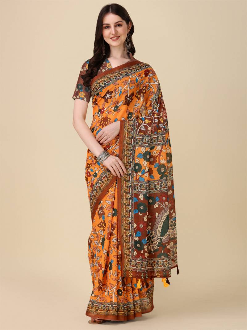 Kz Kalamkari Saree 1 Lilen Zari Patta Digital Kalamkari Printed Saree