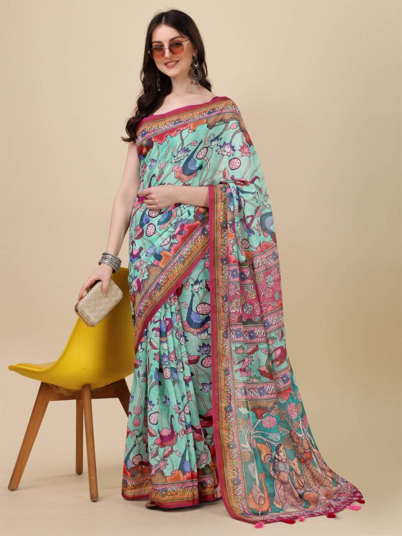 Kz Kalamkari Saree 1 Lilen Zari Patta Digital Kalamkari Printed Saree