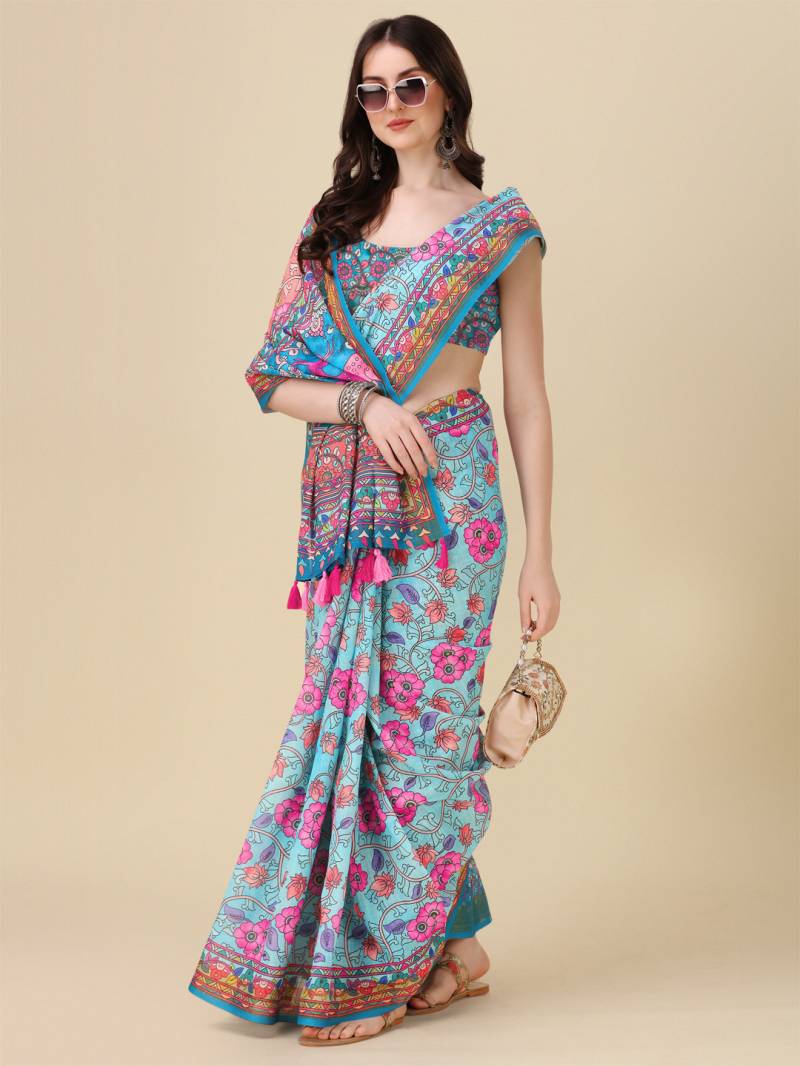 Kz Kalamkari Saree 1 Lilen Zari Patta Digital Kalamkari Printed Saree