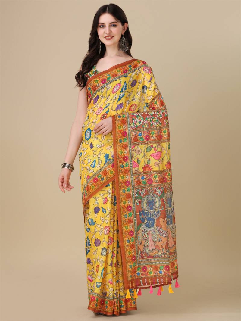 Kz Kalamkari Saree 1 Lilen Zari Patta Digital Kalamkari Printed Saree