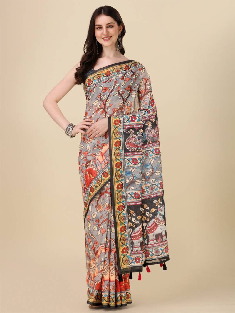 Kz Kalamkari Saree 1 Lilen Zari Patta Digital Kalamkari Printed Saree