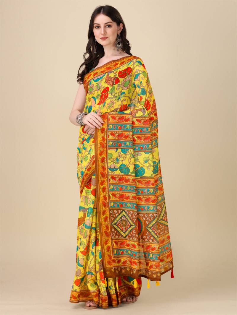Kz Kalamkari Saree 1 Lilen Zari Patta Digital Kalamkari Printed Saree