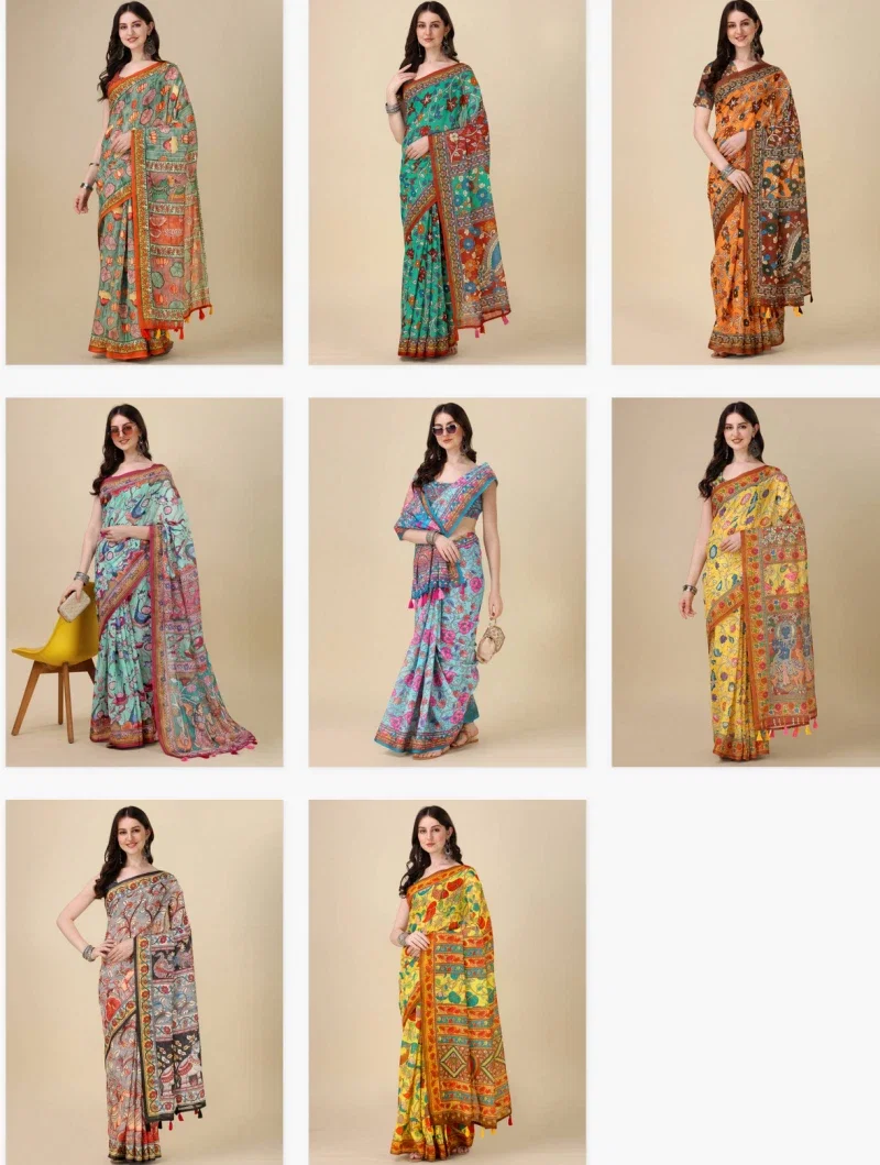 Kz Kalamkari Saree 1 Lilen Zari Patta Digital Kalamkari Printed Saree