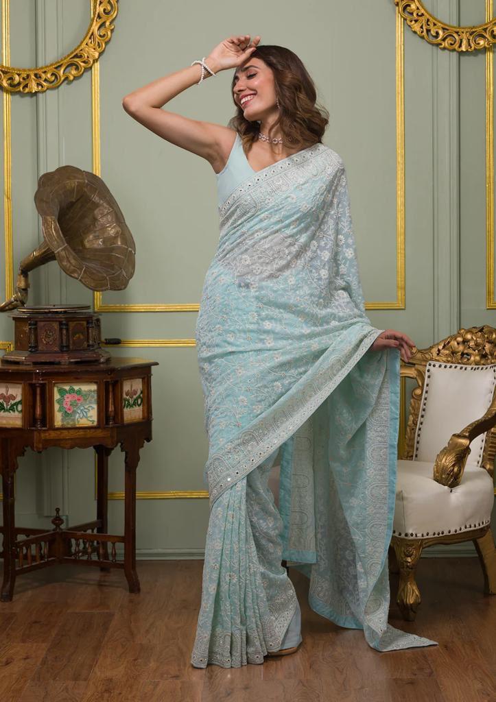 Vt 6022 Beautiful Georgette Embroidered Saree Collection