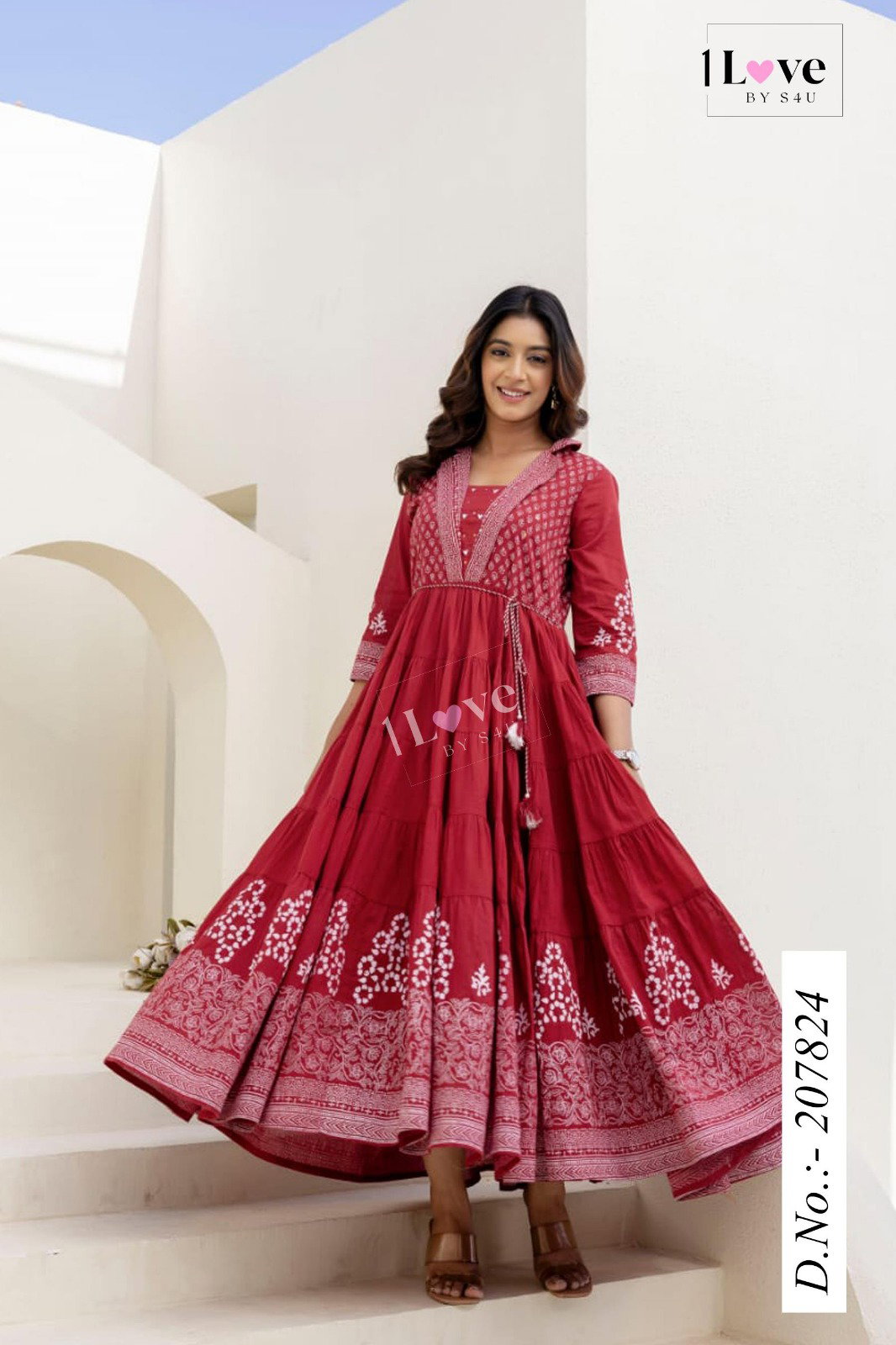 S4U Summer Red Cotton Anarkali Style Kurti Bottom With Dupatta