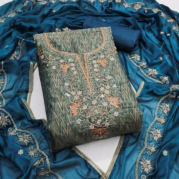 Kriti 11533 Party Wear Semi Stitched Cotton Silk Handwork Suit with Bottom and Dupatta