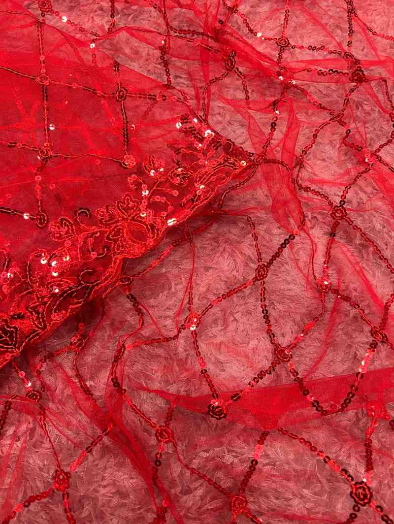 Kc 2043 Red Net Embroidered Sequence Party Wear Saree Collection