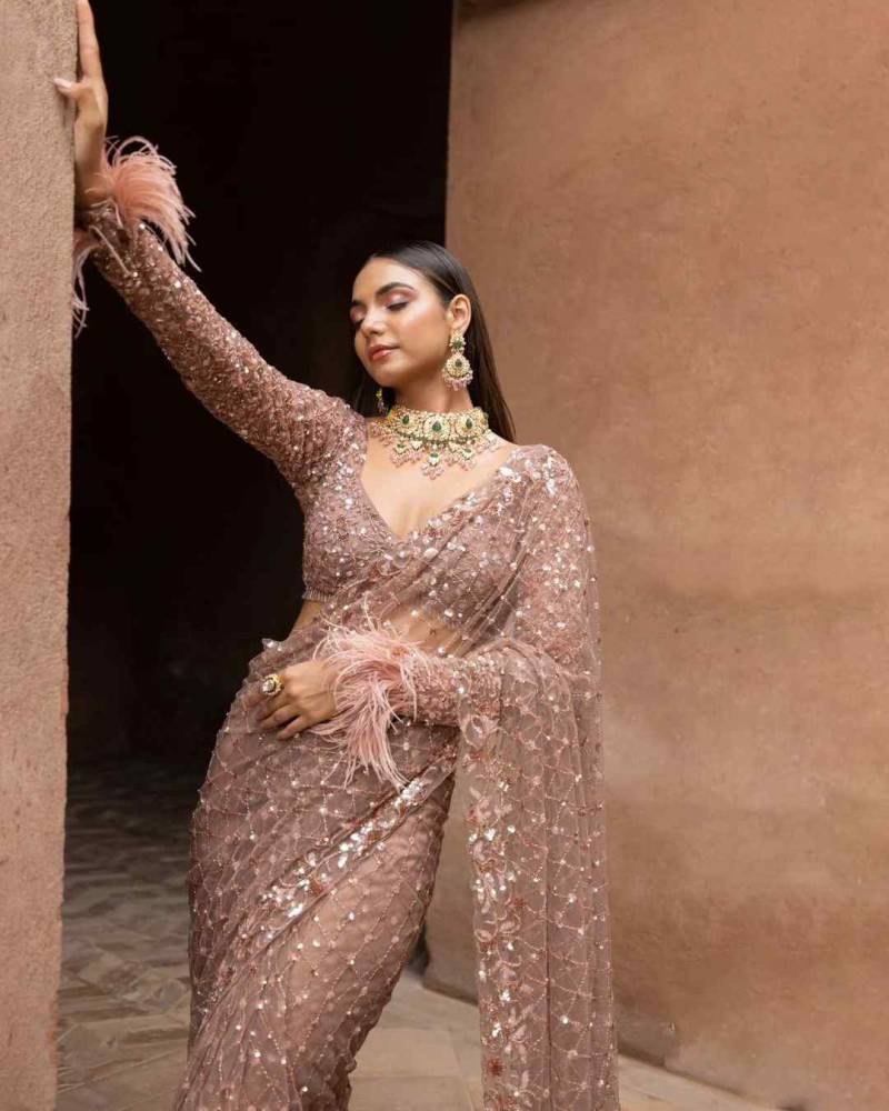 Kc 2043 Red Net Embroidered Sequence Party Wear Saree Collection