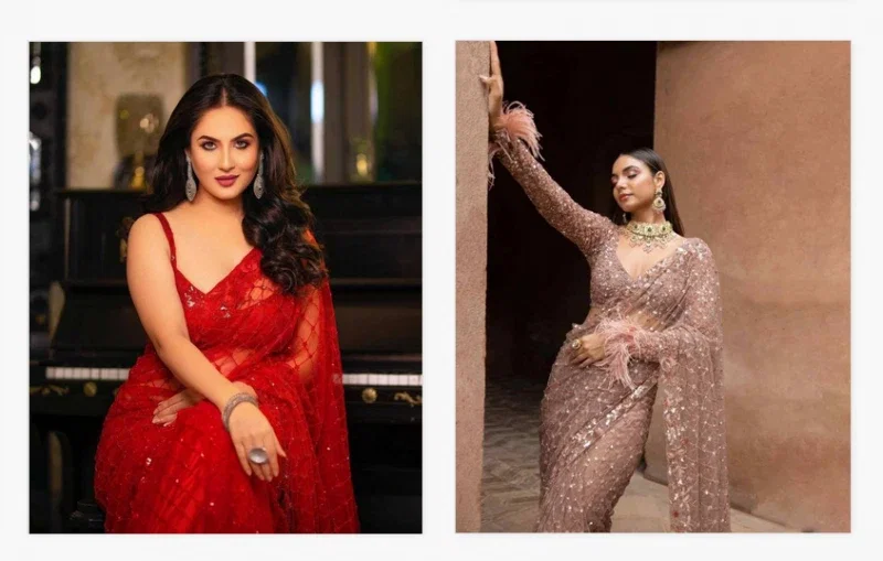 Kc 2043 Red Net Embroidered Sequence Party Wear Saree Collection