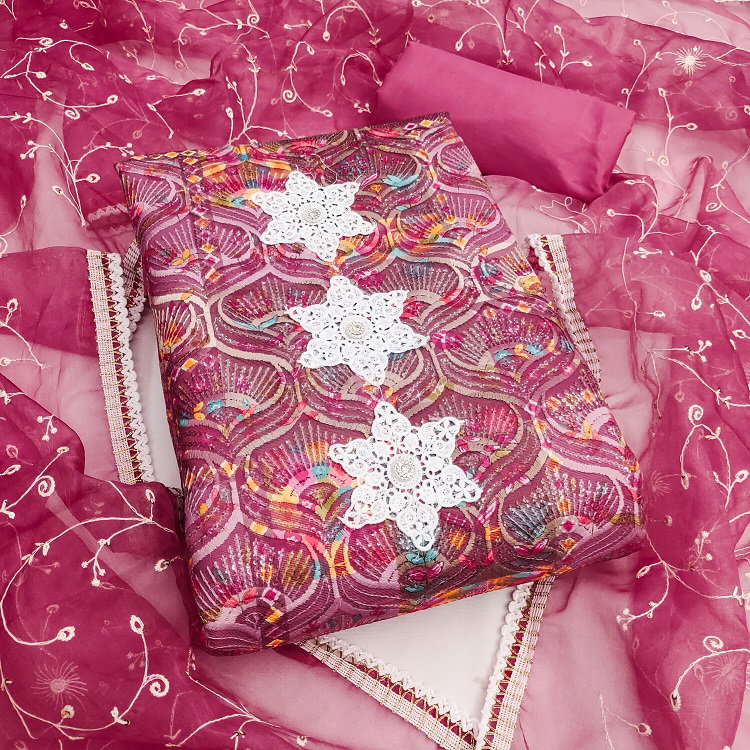 Kriti 11534 Party Wear Semi Stitched Roman Cotton Silk Handwork Suit with Bottom and Dupatta