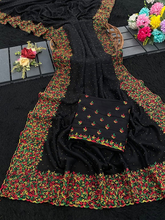 Mahek 182 Party Wear Heavy Embroidery Worked Vichitra Silk Saree with Un Stitched Blouse