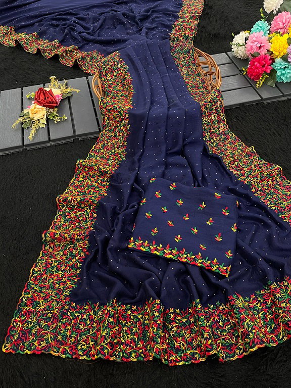 Mahek 182 Party Wear Heavy Embroidery Worked Vichitra Silk Saree with Un Stitched Blouse